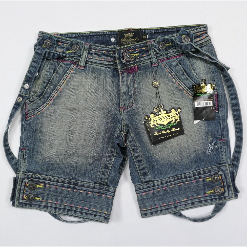 Akademiks Y2K Bermuda Denim Shorts (26) Inseam 8" Rhinestone McBling Hip Hop NWT